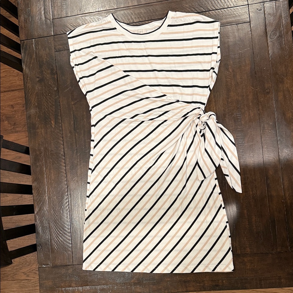 LOFT Striped Side-Tie Mini Dress in White, Black & Tan